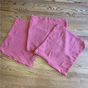 Custom set of 3, 20.5” square red and tiny gold hatch pillow shams.